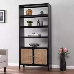 Black Wood Cane Doors Bookshelf