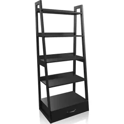 Black Wood 5-Shelf Leaning Bookshelf