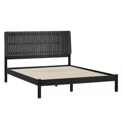 Black Wood Slatted Mid-Century Modern Queen Bed