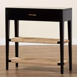 Black Wood Woven Shelves Console Table