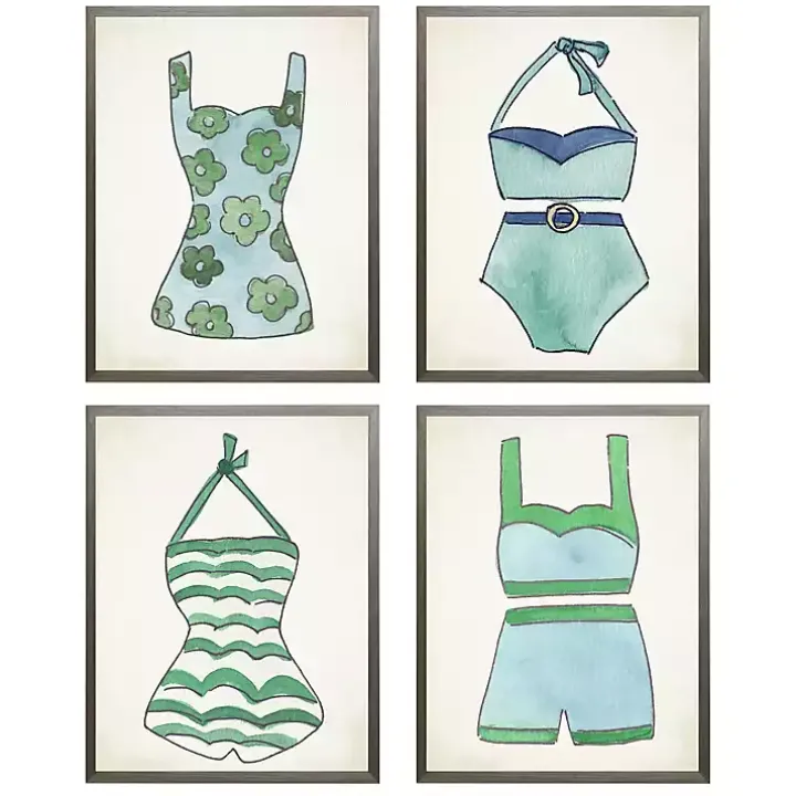 Blue and Green Vintage Swimsuits Art, Set of 4