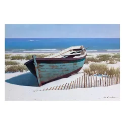 Blue Boat On Beach Canvas Art Print