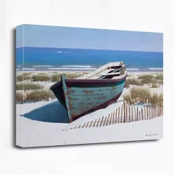 Blue Boat On Beach Canvas Art Print