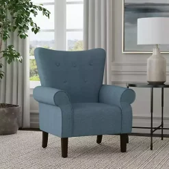 Blue Button-Tufted Rolled Arm Accent Chair