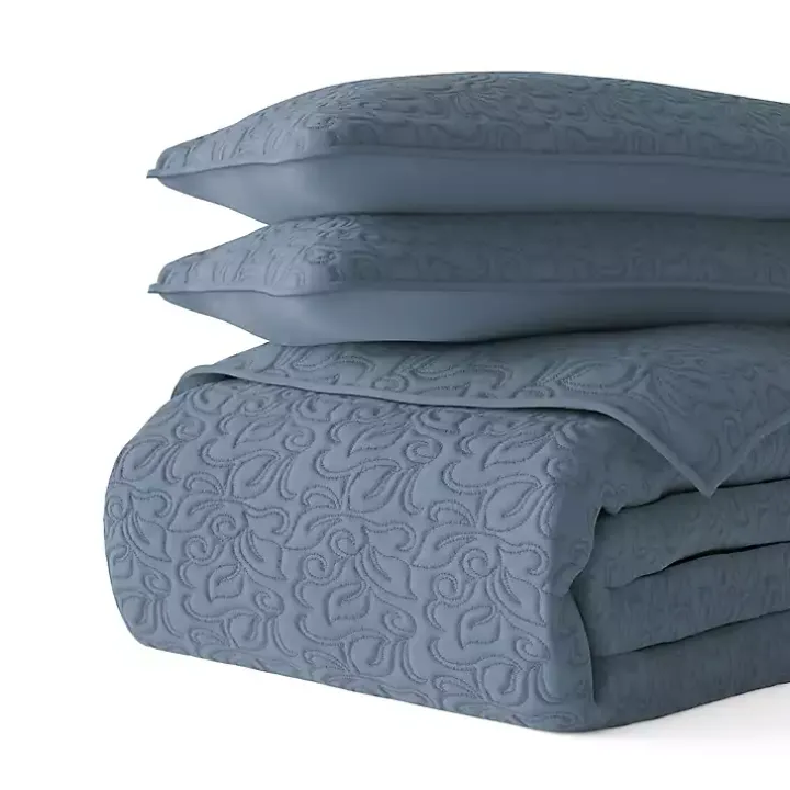 Blue Floral Stitch 3-pc. King Quilt Set