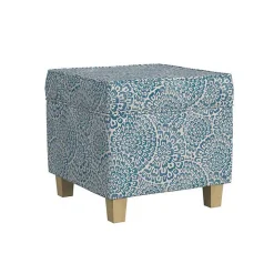 Blue Floral Upholstered Square Storage Ottoman
