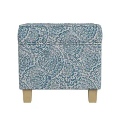 Blue Floral Upholstered Square Storage Ottoman
