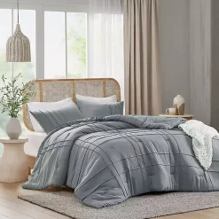 Blue Gray Pleated Grid 3-pc. King Comforter Set