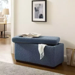 Blue Sherpa & Walnut Rectangle Storage Ottoman