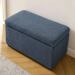 Blue Sherpa & Walnut Rectangle Storage Ottoman