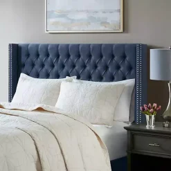 Blue Tufted Upholstered Metal Leg Queen Headboard