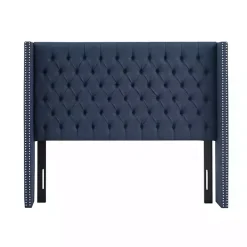 Blue Tufted Upholstered Metal Leg Queen Headboard