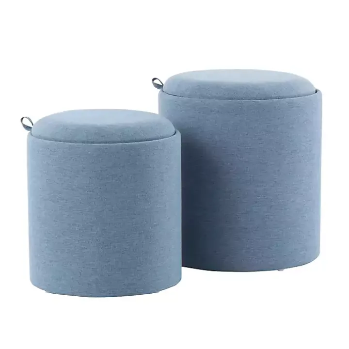 Blue Upholstered Ottomans with Tray Tops, Set of 2