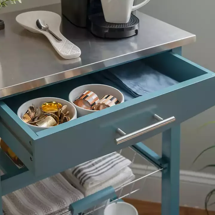 Blue Wood and Stainless Steel Kitchen Cart