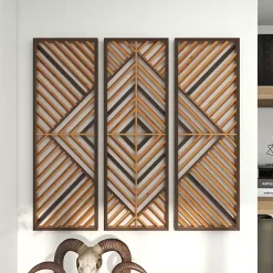 Bronze Tan Wood Geometric Wall Plaques, Set of 3