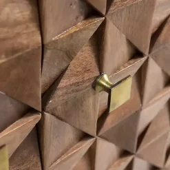 Brown Carved Wood Woven 2-Door Cabinet