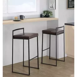 Brown Faux Leather Stackable Bar Stools, Set of 2