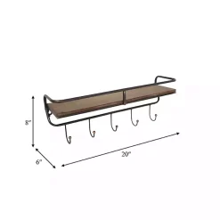 Brown Metal Frame Wood Wall Shelf with Hooks