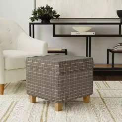 Brown Plaid Upholstered Square Storage Ottoman