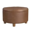 Brown Round Faux Leather Tufted Storage Ottoman