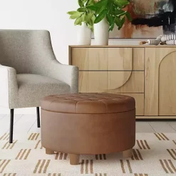 Brown Round Faux Leather Tufted Storage Ottoman