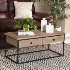 Brown Wood and Metal 2-Drawer Coffee Table