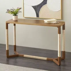 Brown Wood and Rope Geometric Console Table