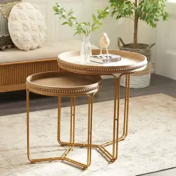 Brown Wood Beaded Nesting Side Tables, Set of 2