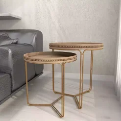 Brown Wood Beaded Nesting Side Tables, Set of 2