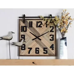 Brown Wood Black Metal Accent Square Wall Clock