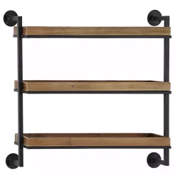 Brown Wood Black Metal Pipe Frame Wall Shelf