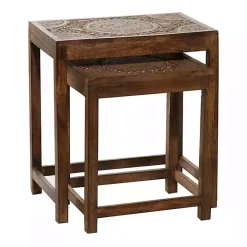 Brown Wood Carved Floral Nesting Tables, Set of 2