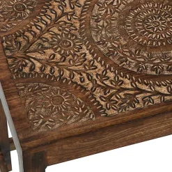 Brown Wood Carved Floral Nesting Tables, Set of 2