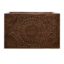 Brown Wood Carved Floral Nesting Tables, Set of 2