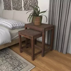 Brown Wood Carved Floral Nesting Tables, Set of 2