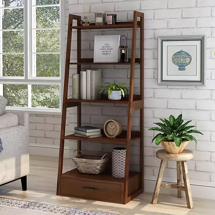 Brown Wood 5-Shelf Leaning Bookshelf