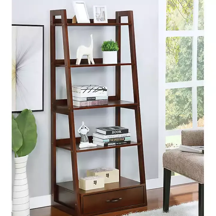 Brown Wood 5-Shelf Leaning Bookshelf