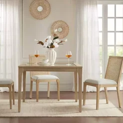 Cane Back Upholstered Wood Dining Chairs, Set of 2