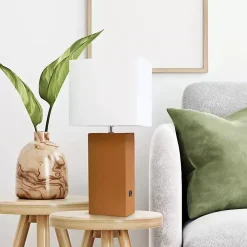 Caramel Faux Leather Charging Table Lamp