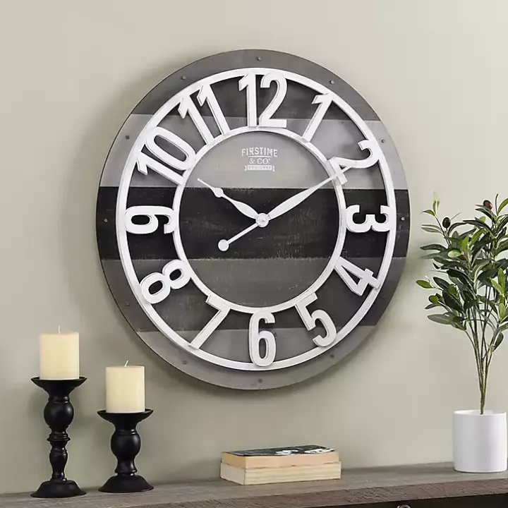 Charcoal Gray and White Plank Wall Clock