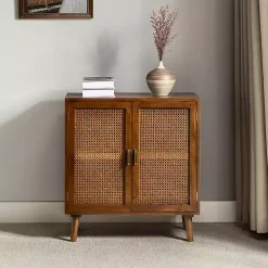 Cherry Wood Frame Rattan Front Cabinet