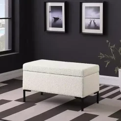 Cream Boucle Black Metal Storage Bench