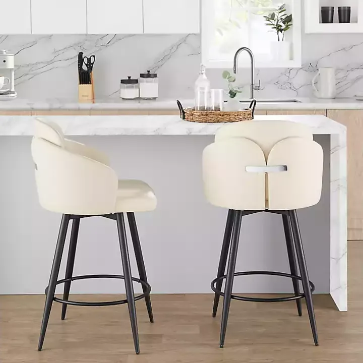 Cream Faux Leather Swivel Counter Stools, Set of 2