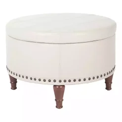 Cream Leather Antique Nailhead Storage Ottoman