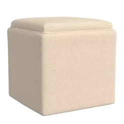 Cream Upholstered Storage Ottoman with Tray Top