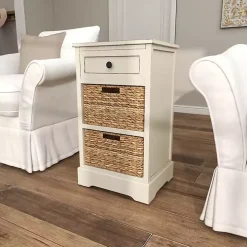 Cream Wood Side Table with Woven Baskets