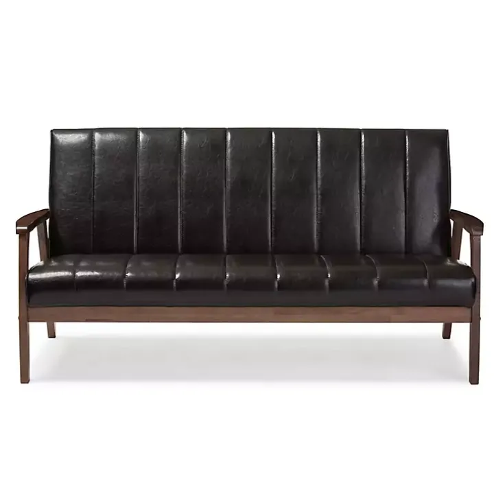 Dark Brown Faux Leather Channel Sofa, 63 in.