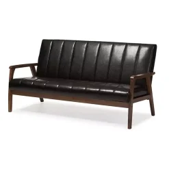 Dark Brown Faux Leather Channel Sofa, 63 in.