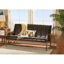 Dark Brown Faux Leather Channel Sofa, 63 in.