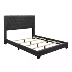 Dark Gray Upholstered Button Tufted Wing King Bed